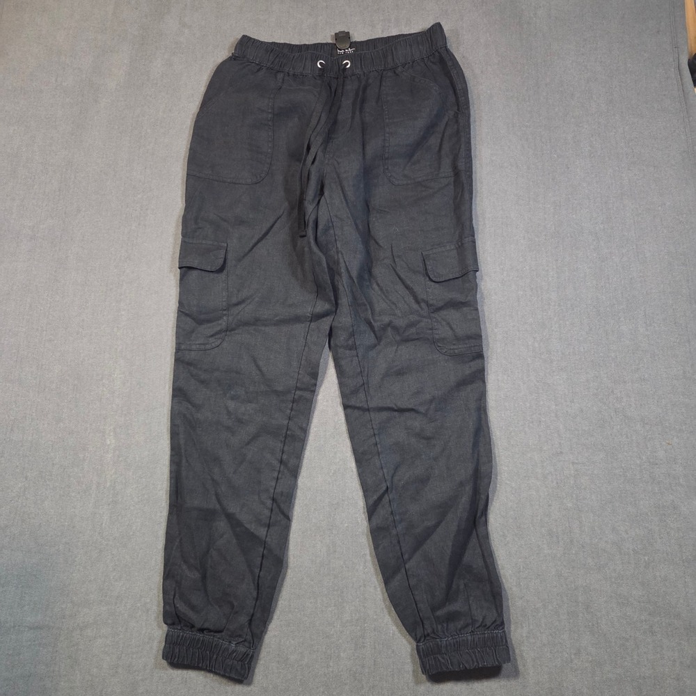 Nicole Miller Cargo Joggers Womens Small Black 100% Linen Drawstring Pants